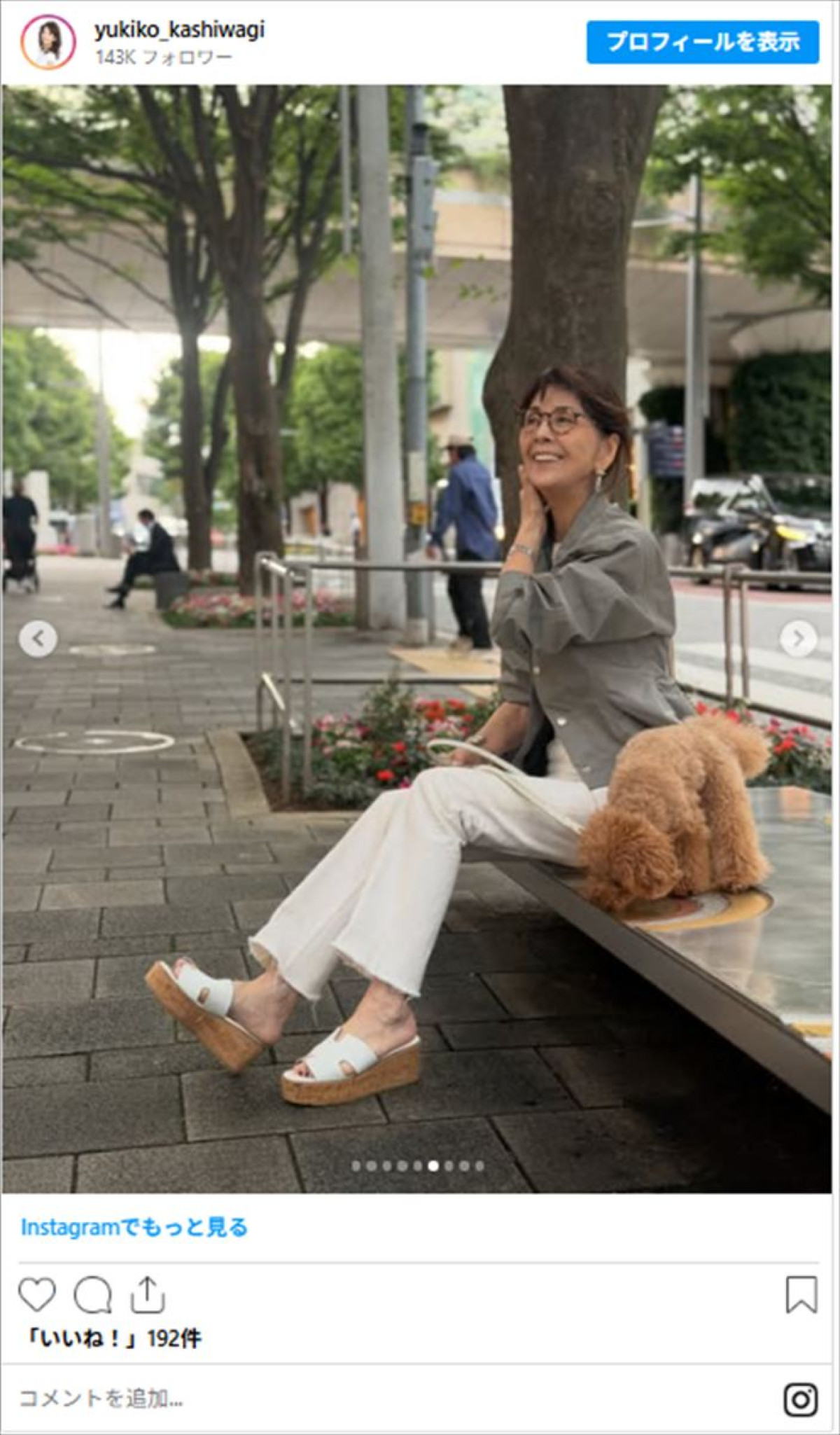 柏木由紀子78歳に見えない！　ジャケット＆パンツ姿　アクティブな“ワンコとお散歩”に反響