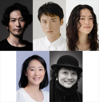 鈴木製作所　素描シリーズ01  『ガラスの動物園』（上段左から）出演の須賀貴匡　黄川田雅哉　村井友映、（下段左から）出演の西尾まり、訳・演出・美術・衣裳の鈴木裕美