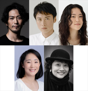 鈴木製作所　素描シリーズ01  『ガラスの動物園』（上段左から）出演の須賀貴匡　黄川田雅哉　村井友映、（下段左から）出演の西尾まり、訳・演出・美術・衣裳の鈴木裕美